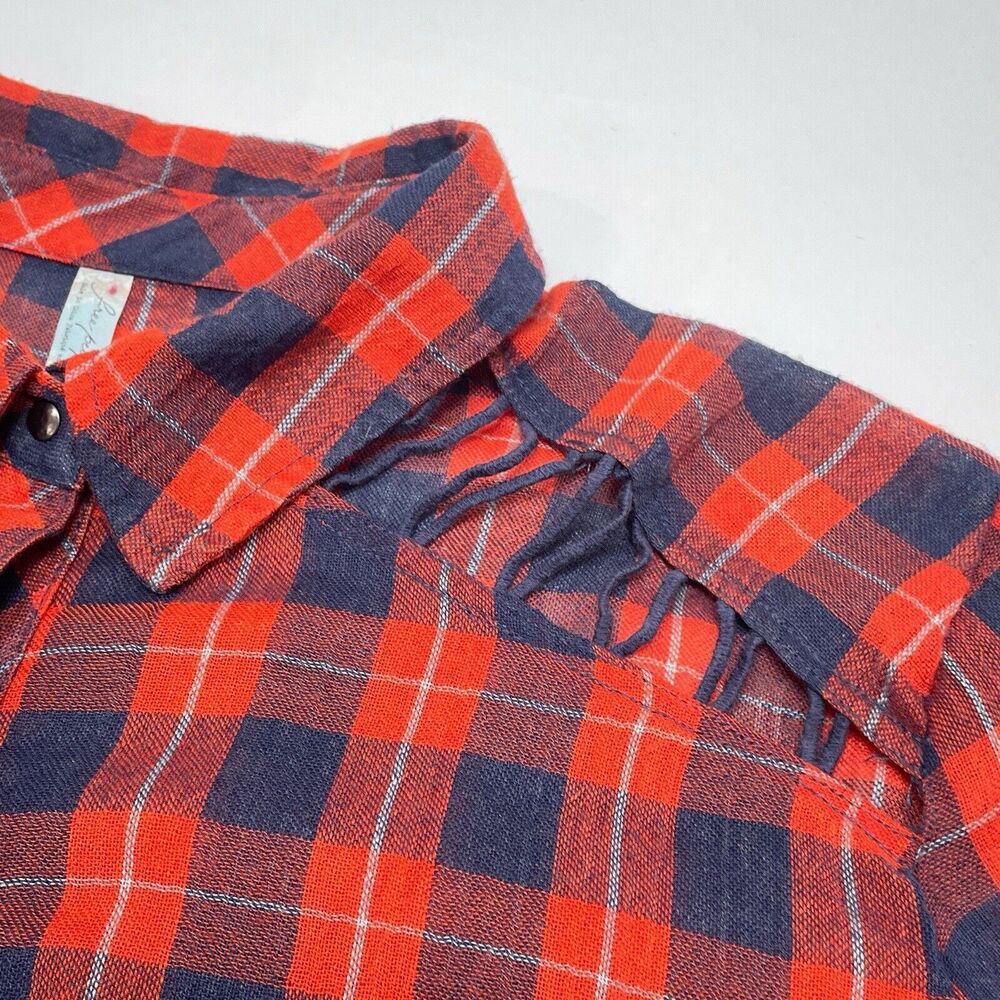 Free People Top Medium Orange Blue Plaid Snap‎ Button Front Relaxed Sheer Hi Low - Picture 4 of 10
